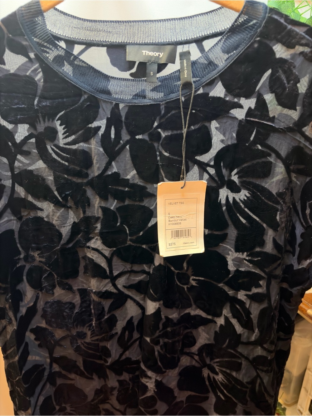 Theory Black Floral Burnout Velvet Short Sleeve Tee